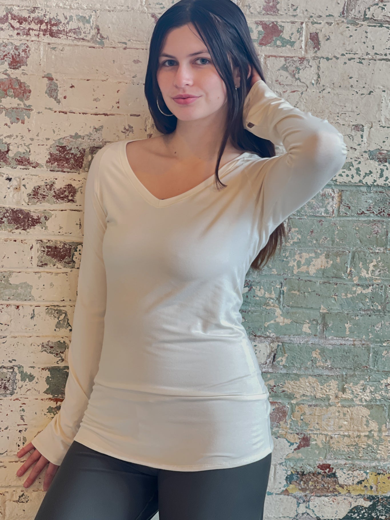 bamboo milk vneck long sleeve top with fir swirlsuit on bottom