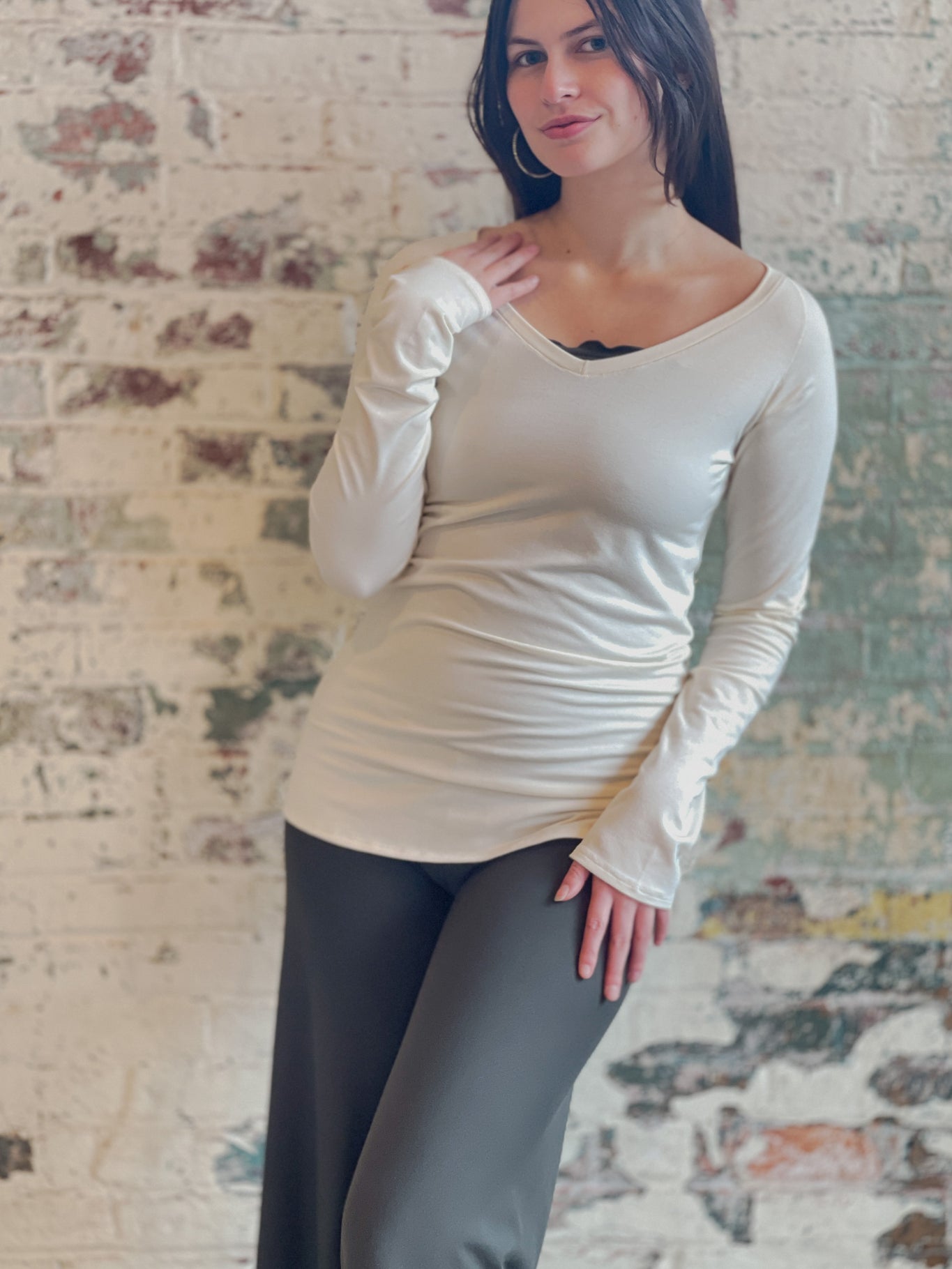 bamboo milk vneck long sleeve top with fir swirlsuit on bottom