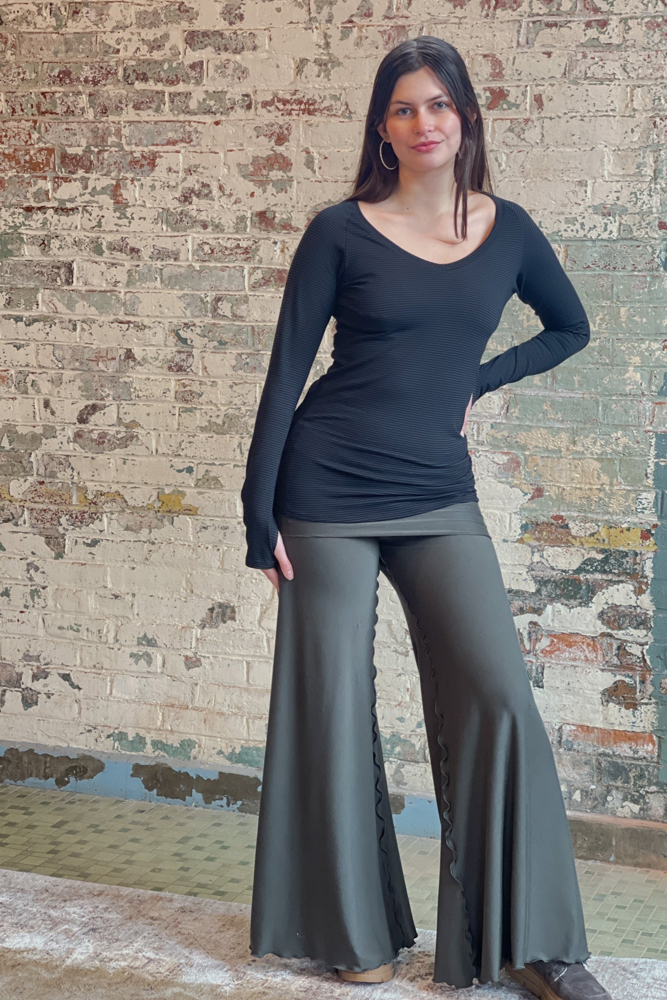 bamboo subtle black vneck long sleeve top with fir swirlsuit on bottom