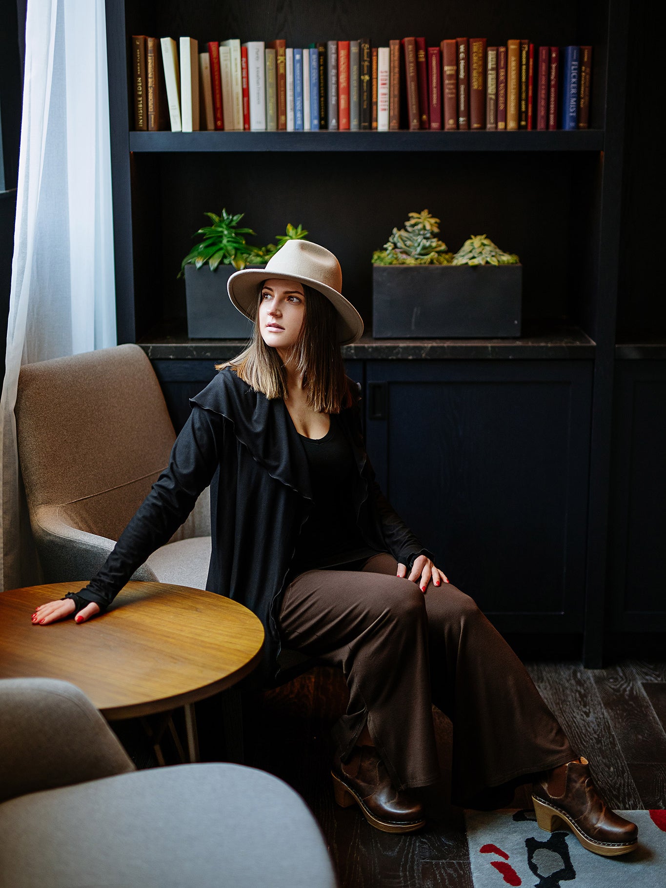 cardi in black over vital in black paired with harlow pant in peat