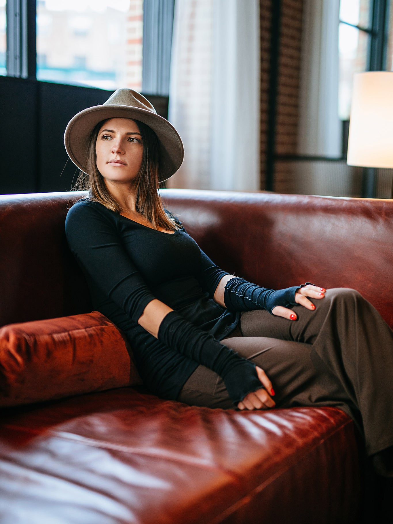 vital vneck tunic in black with black opera sleeves and espresso harlow pants