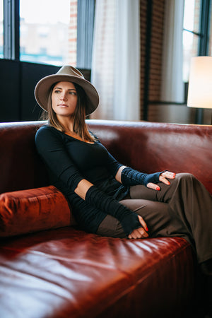 vital vneck tunic in black with black opera sleeves and espresso harlow pants