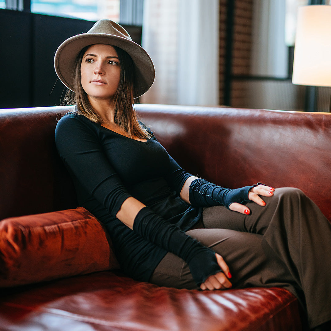 vital vneck tunic in black with black opera sleeves and espresso harlow pants