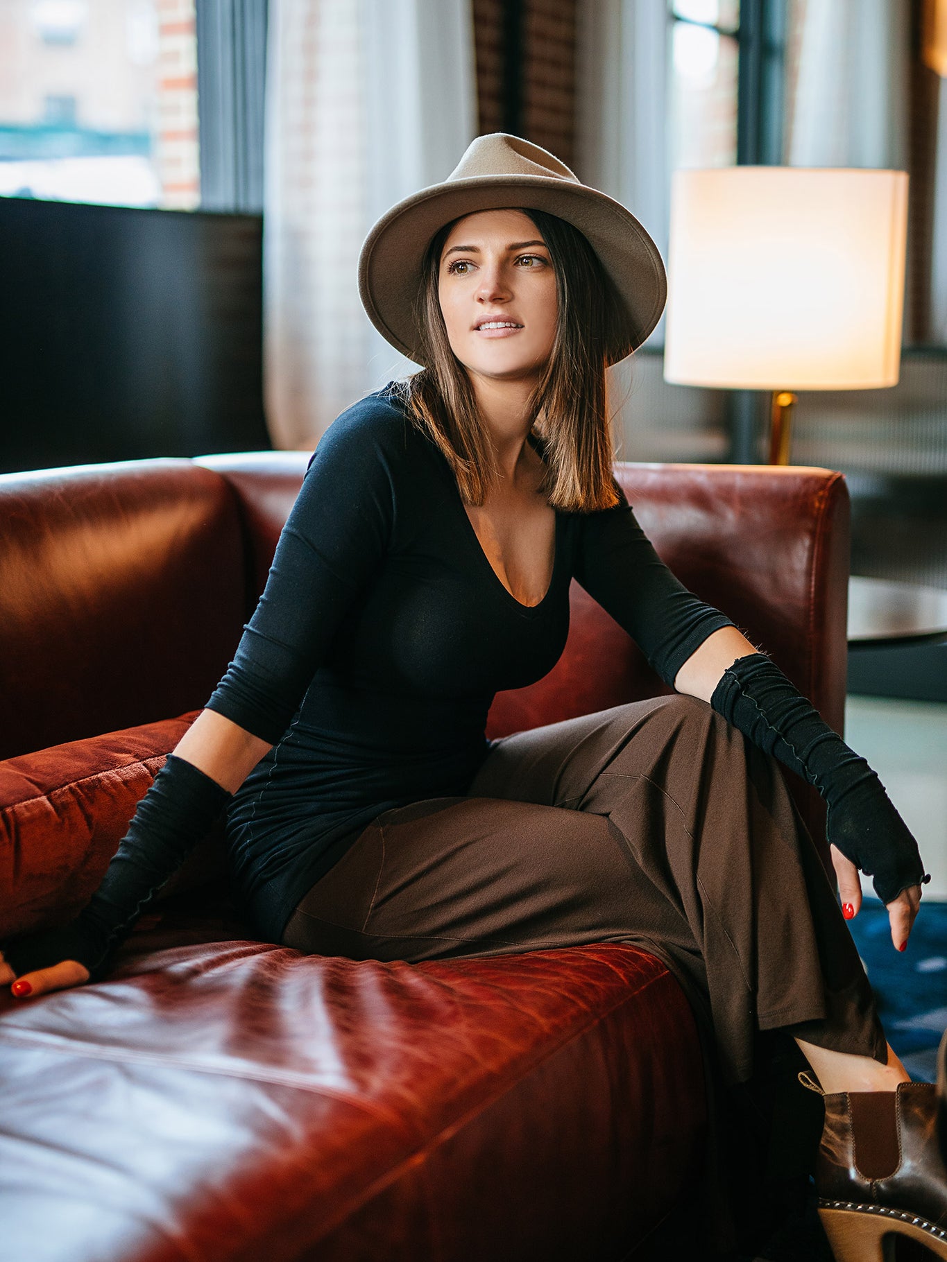 harlow elegant convertible wide leg pant in peat with vital tunic and black opera sleeves