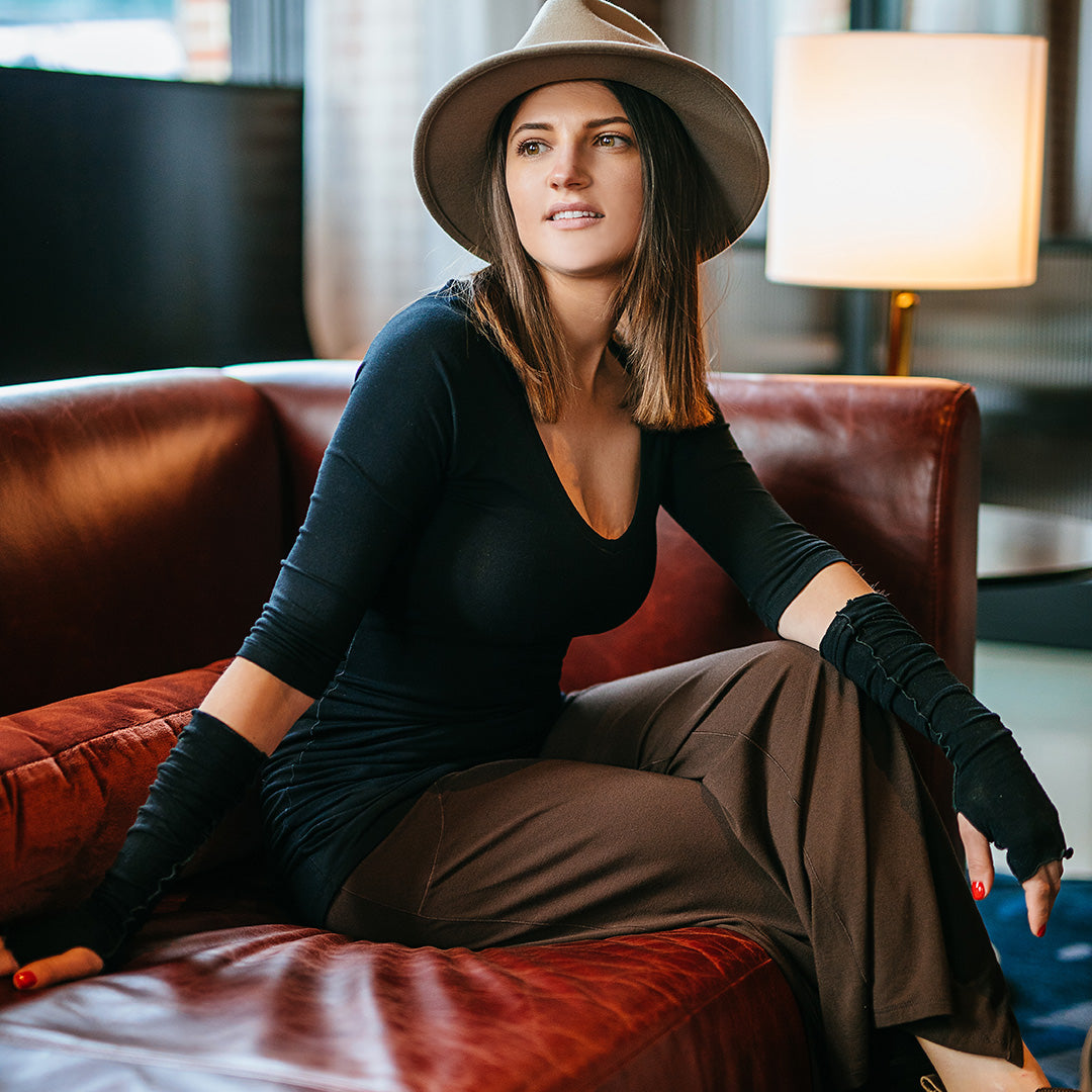 vital vneck tunic in black with espresso harlow pant and black opera sleeve