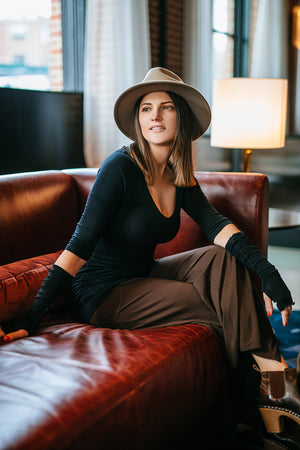 vital vneck tunic in black with black opera sleeves and espresso harlow pants