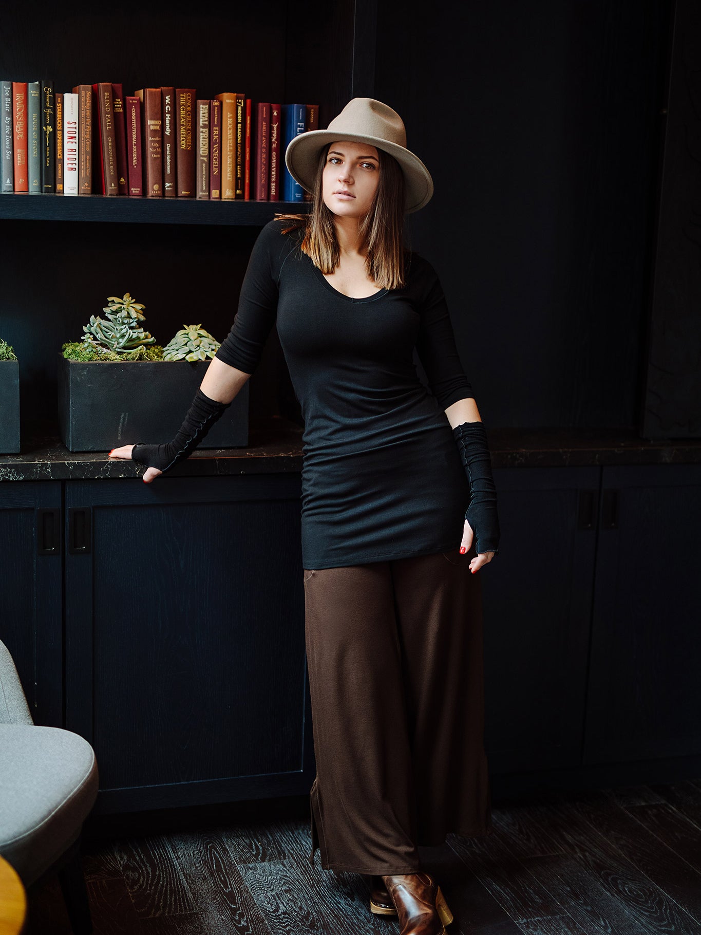 vital vneck tunic in black with black opera sleeves and espresso harlow pants