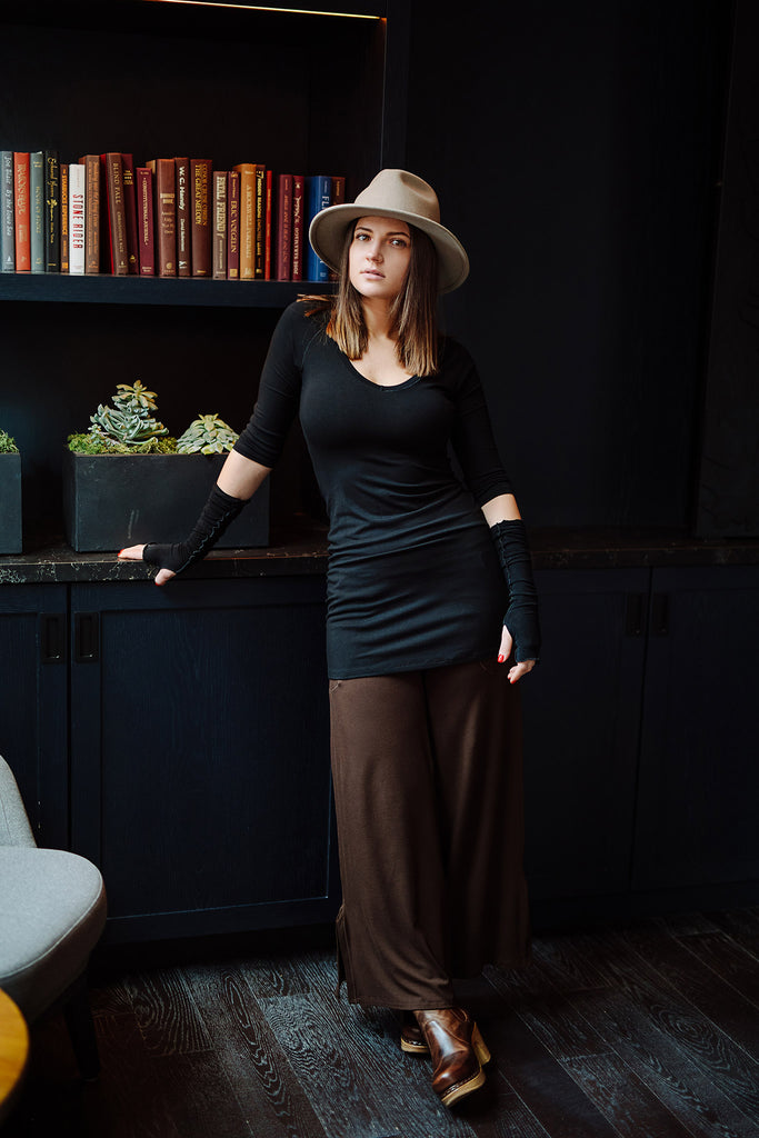 vital vneck tunic in black with black opera sleeves and espresso harlow pants