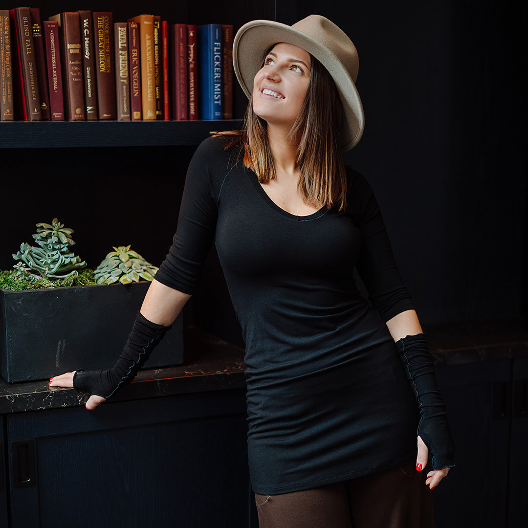 vital vneck tunic in black with black opera sleeves