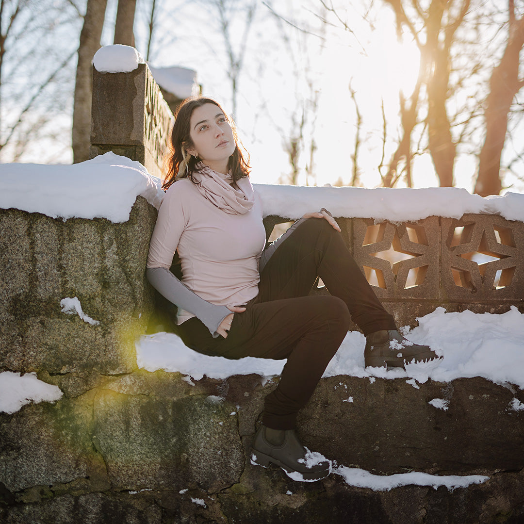 rose bias top in ballet with opera gloves in moon and peat joggers