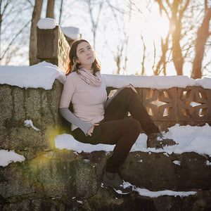 rose bias top in ballet with opera gloves in moon and peat joggers