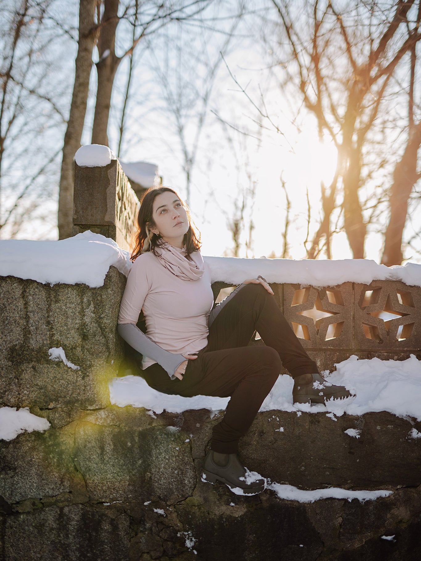 jogger in peat paired with rose bias top in ballet, ballet hourglass around neck, and moon opera sleeves