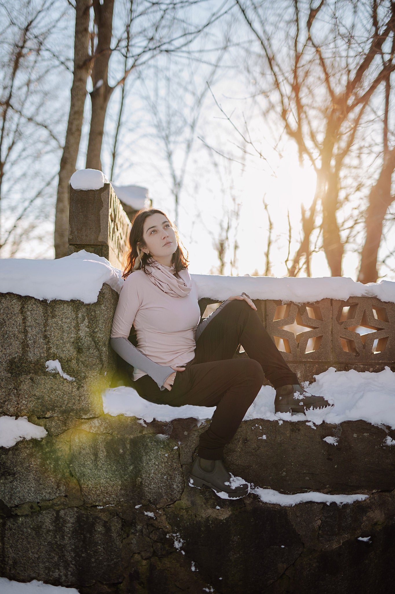 jogger in peat paired with rose bias top in ballet, ballet hourglass around neck, and moon opera sleeves