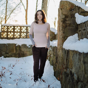 jogger in peat paired with rose bias top in ballet, ballet band around neck, and moon opera sleeves