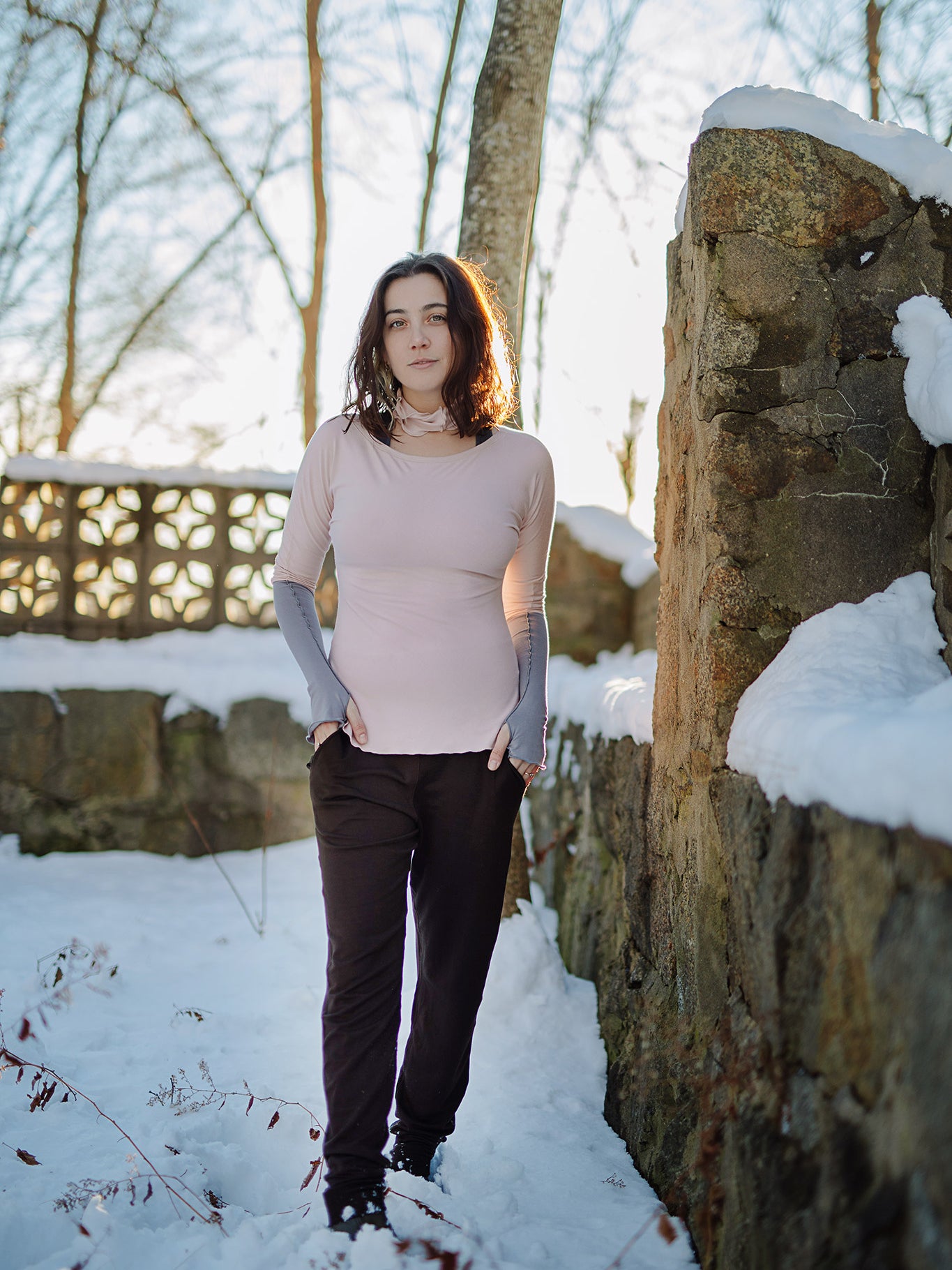 rose bias top in ballet with peat jogger and opera gloves in moon