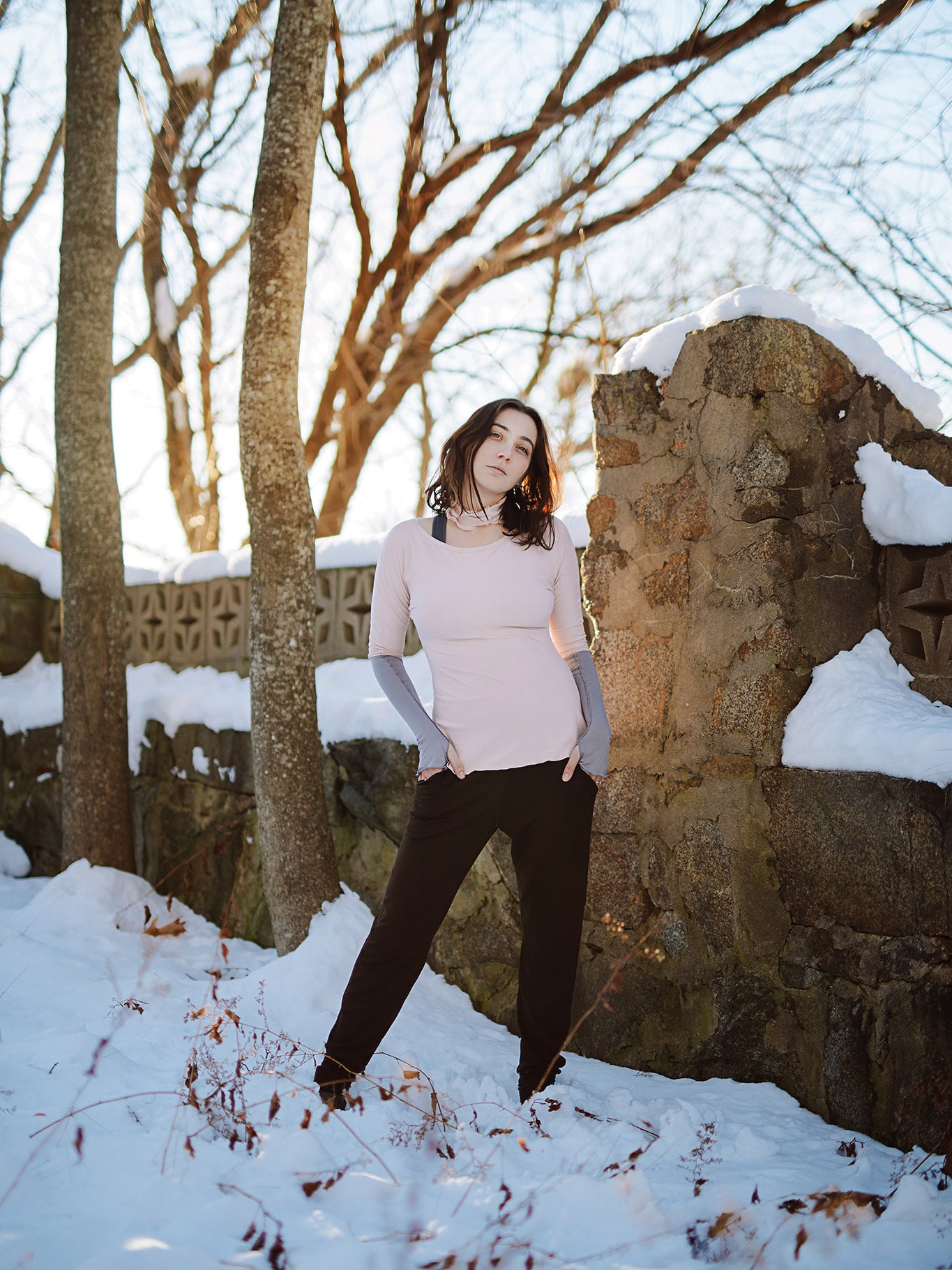 jogger in peat paired with rose bias top in ballet, ballet band around neck, and moon opera sleeves