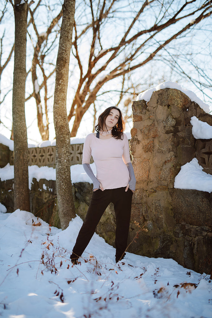 jogger in peat paired with rose bias top in ballet, ballet band around neck, and moon opera sleeves