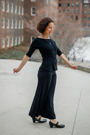 harlow wide leg pant in black styled with black rose top