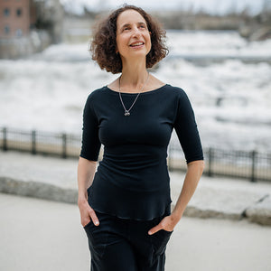 rose bias top in black styled with black harlow