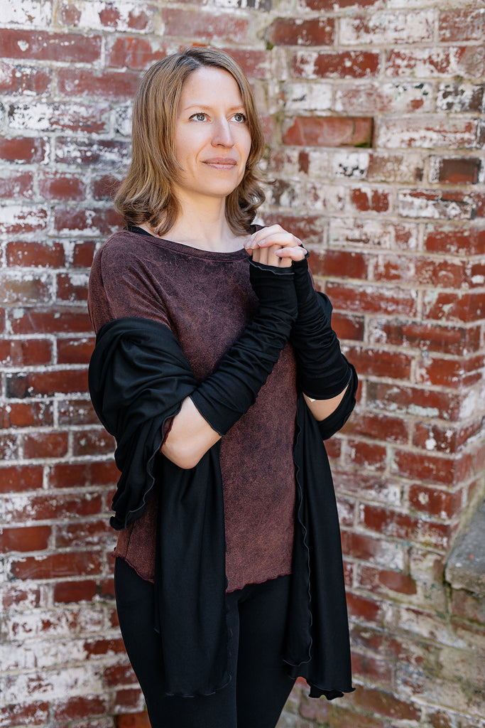 rose bias top in lush mineral with black opera sleeves and black shawl