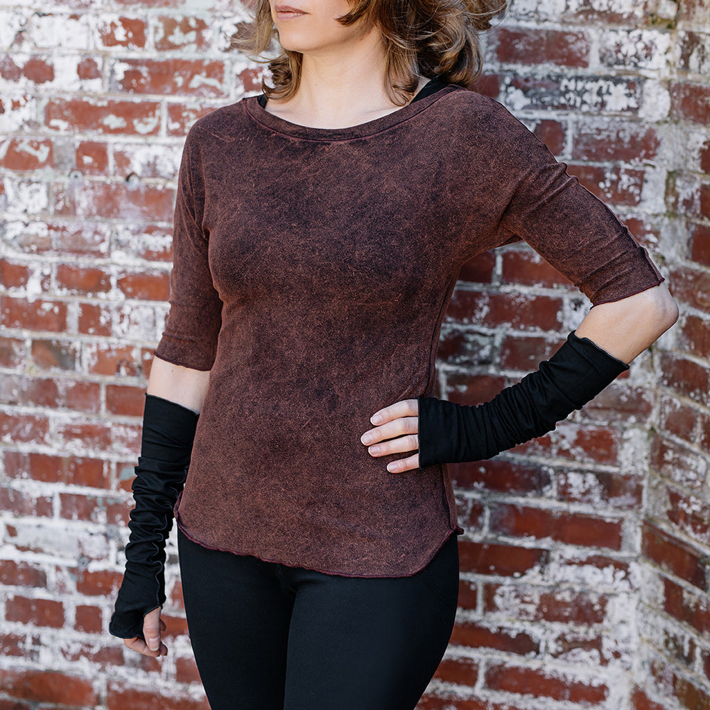 rose bias top in lush mineral with black opera sleeves