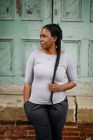 rose bias top in moon with jogger in carbon