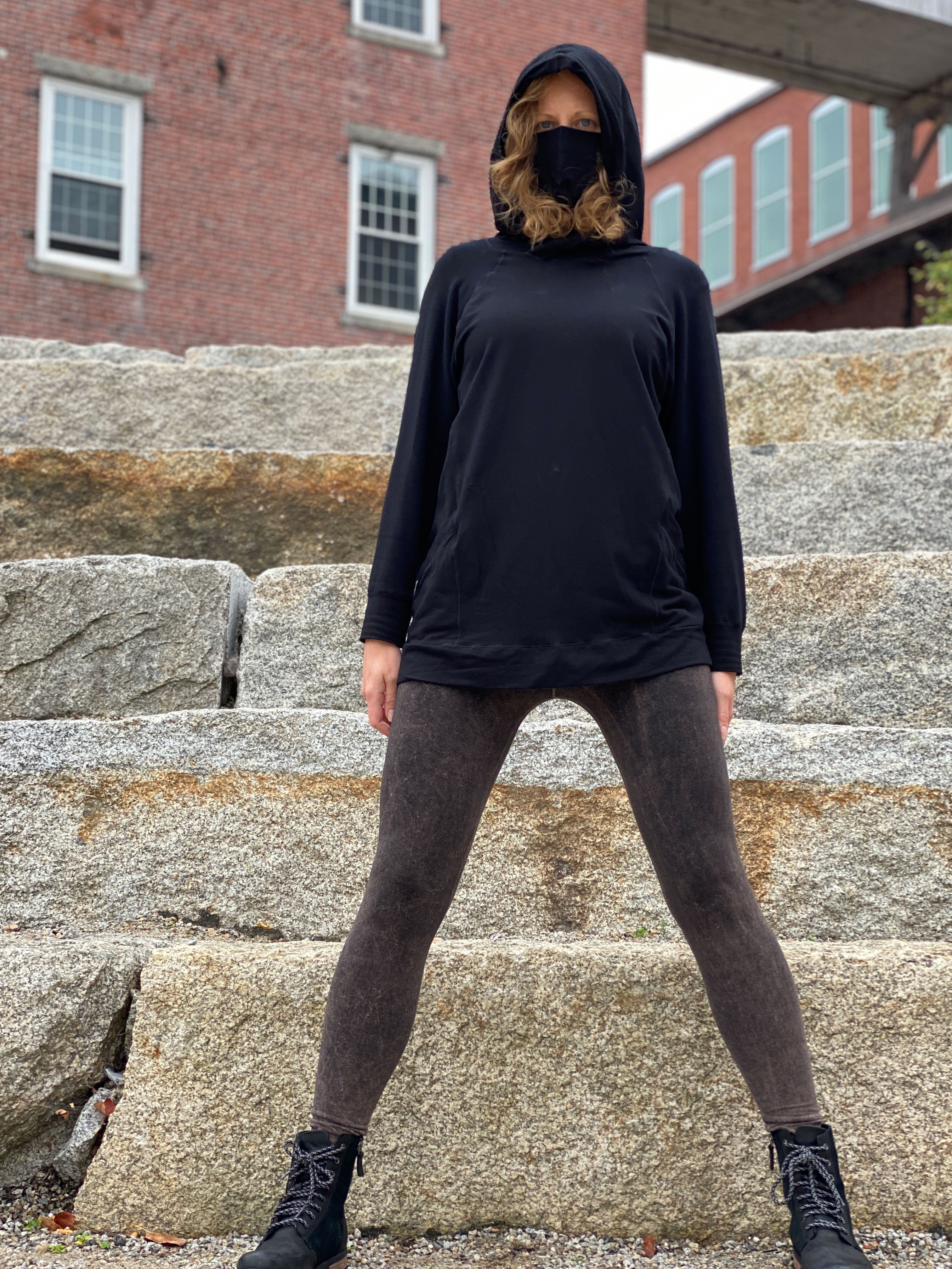 maeve hooded pullover in black with base legging in mineral