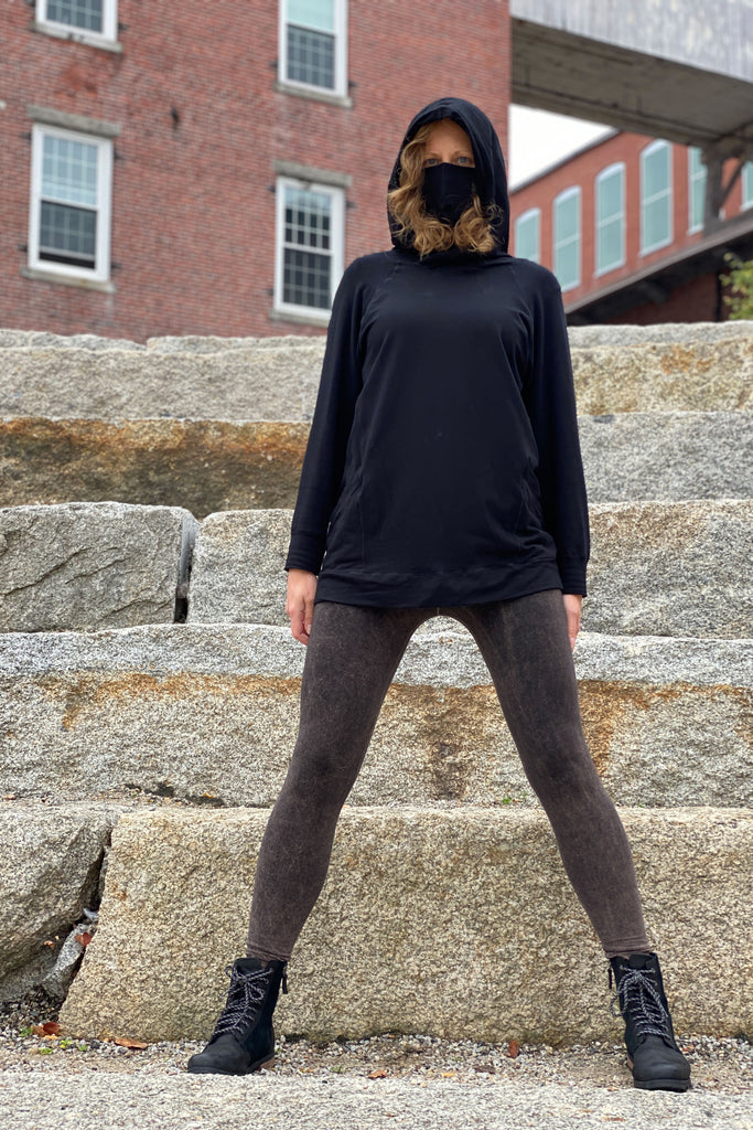 maeve hooded pullover in black with base legging in mineral