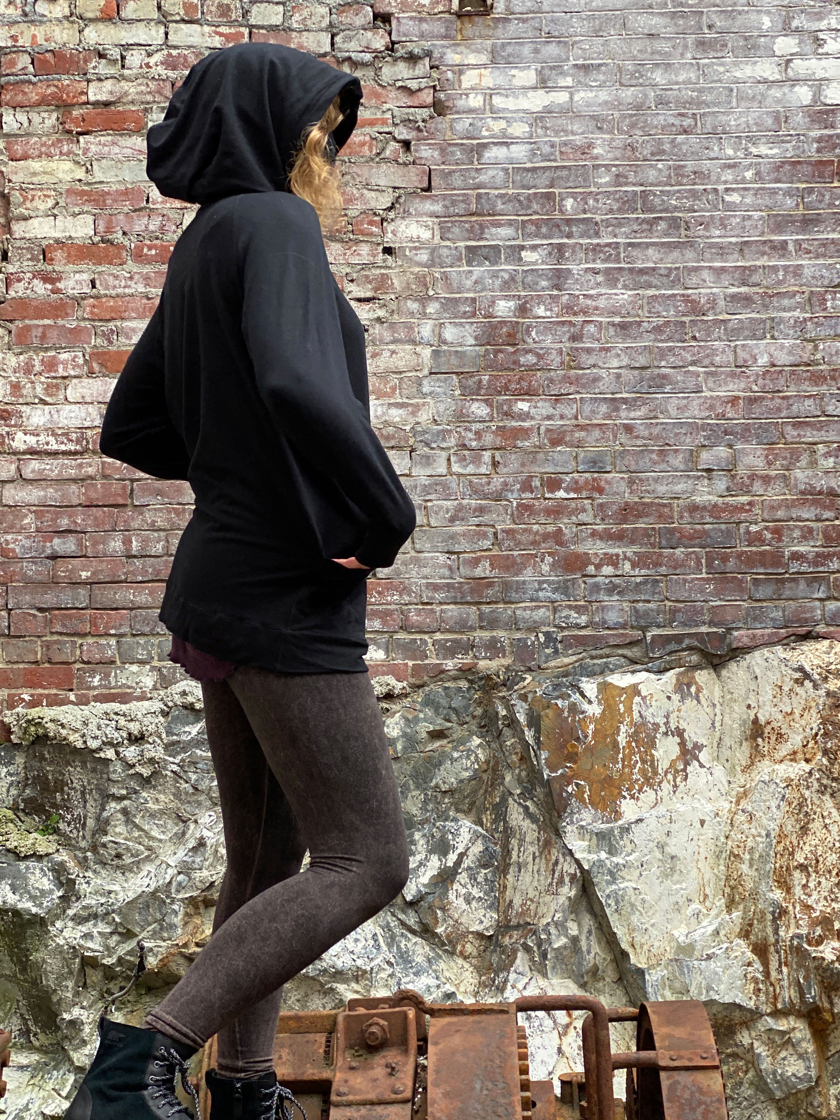 maeve hooded pullover in black with base legging in mineral