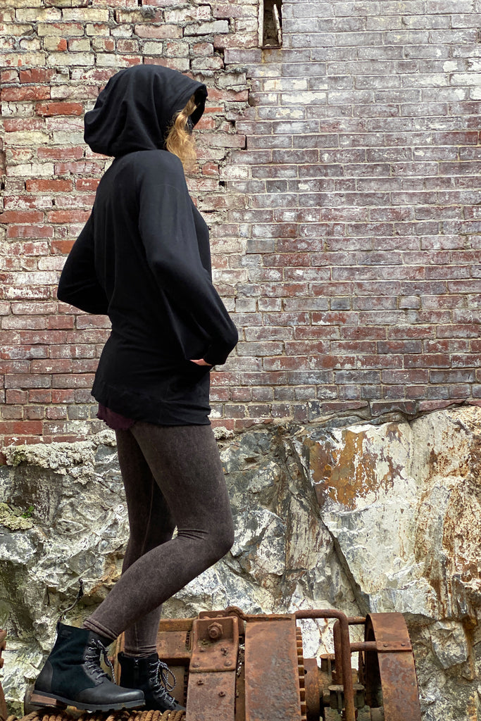 maeve hooded pullover in black with base legging in mineral