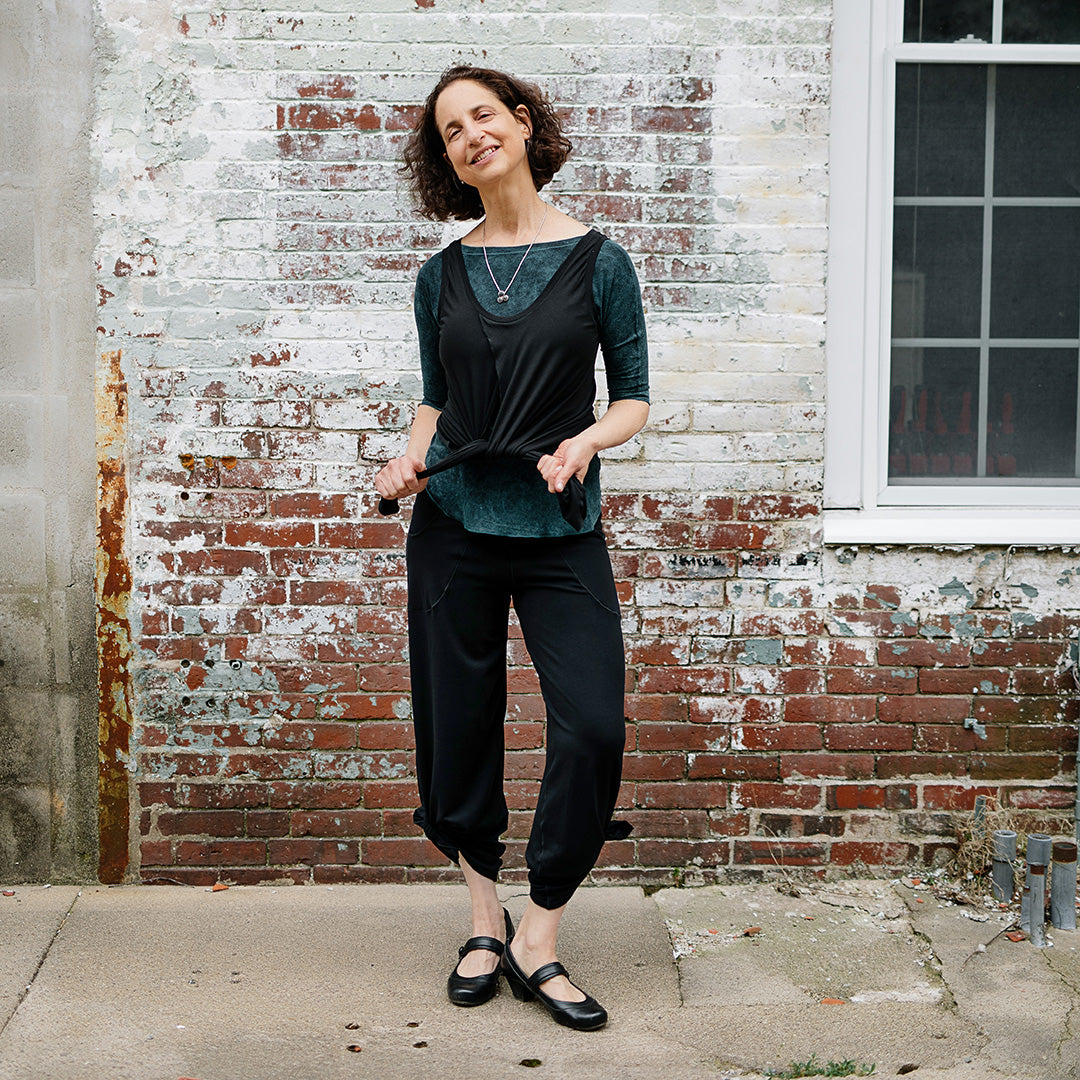 tulip tissue tank in black paired with blue mineral rose top + black harlow