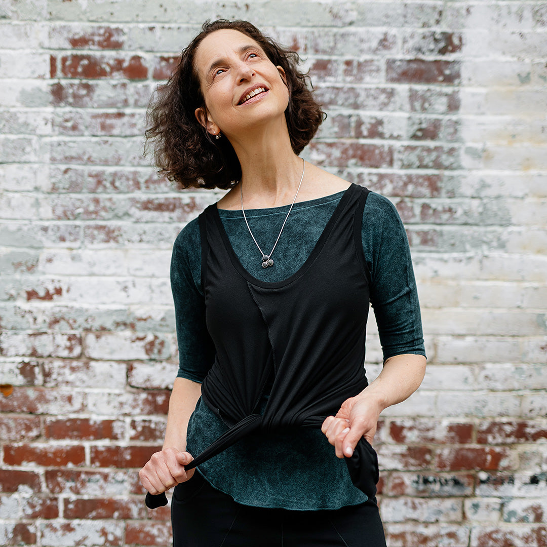 tulip tissue tank in black styled over blue mineral rose