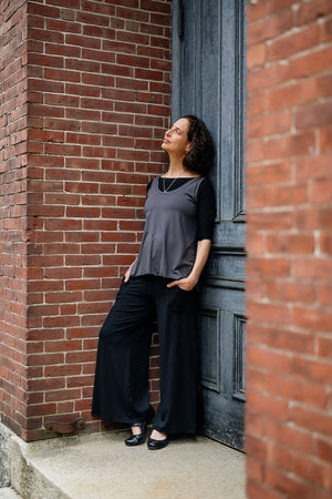 suger® tulip tisse tank in carbon styled over blue mineral rose top + black mineral