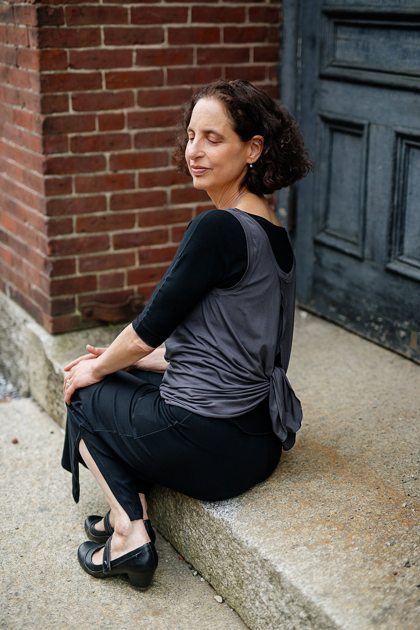 tulip tissue tank in carbon tied in the back styled over black rose top