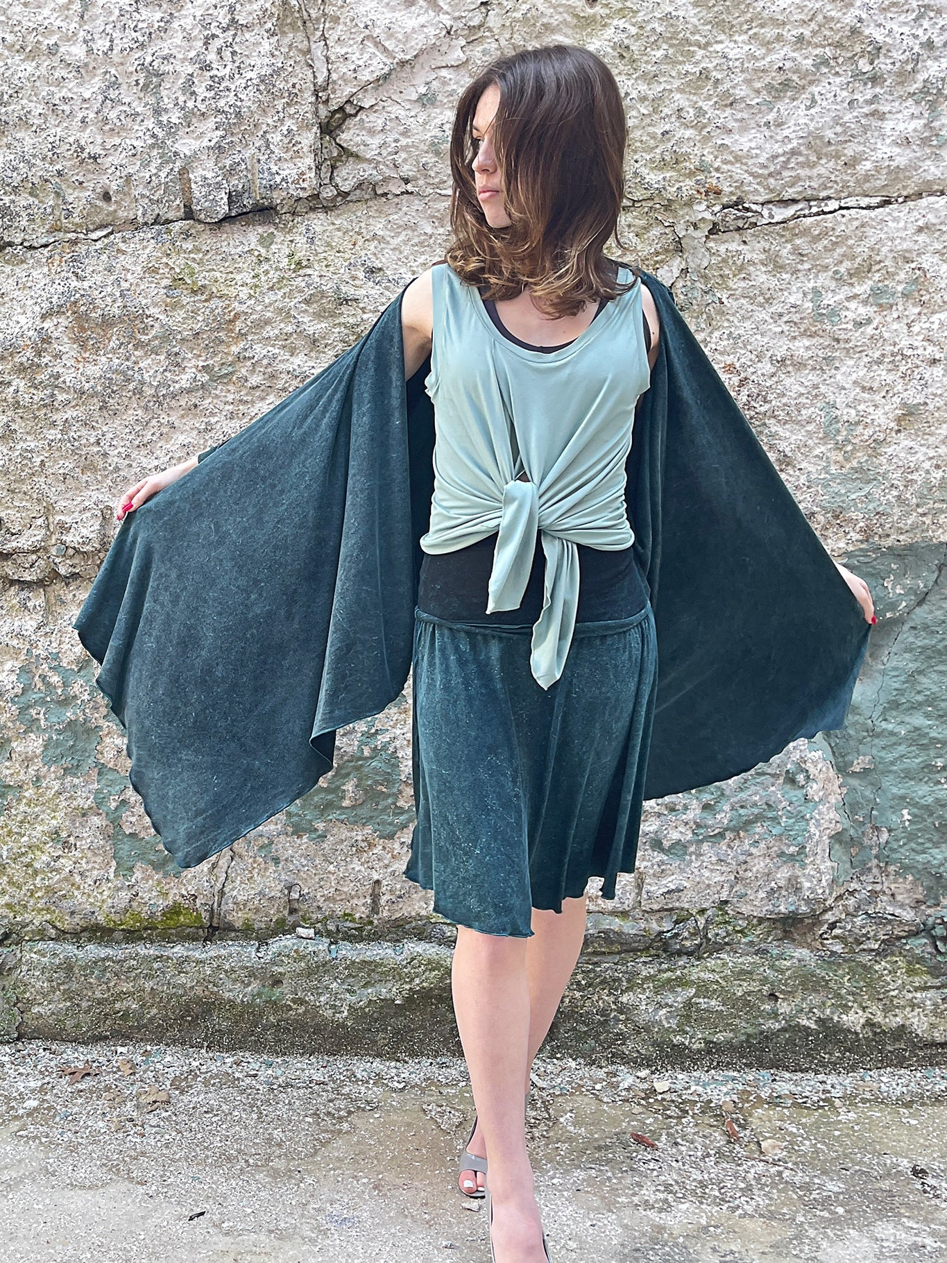 suger tulip tissue tank in glass worn tied in the front with blue mineral prima + flirt as a skirt