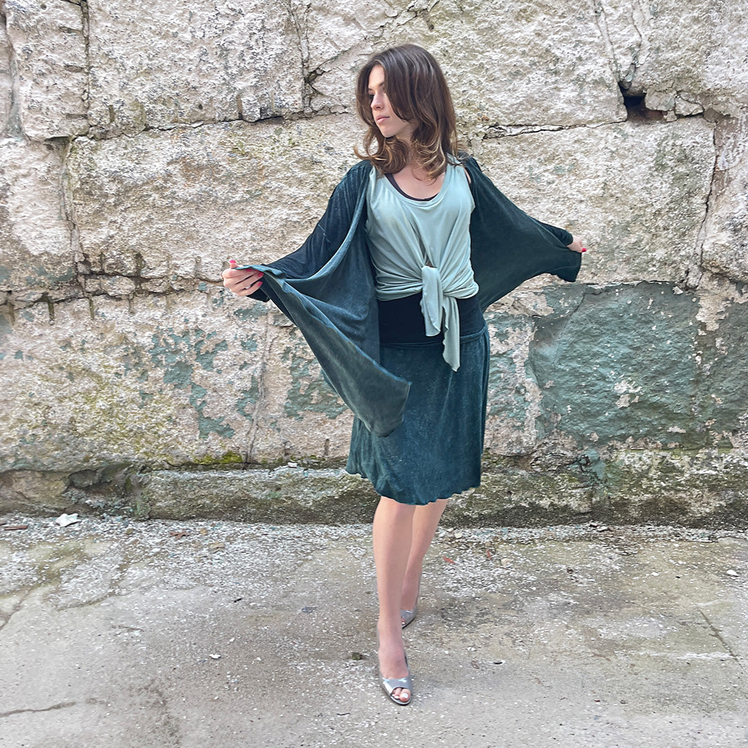 suger tulip tissue tank in glass worn tied in the front with blue mineral prima + flirt as a skirt