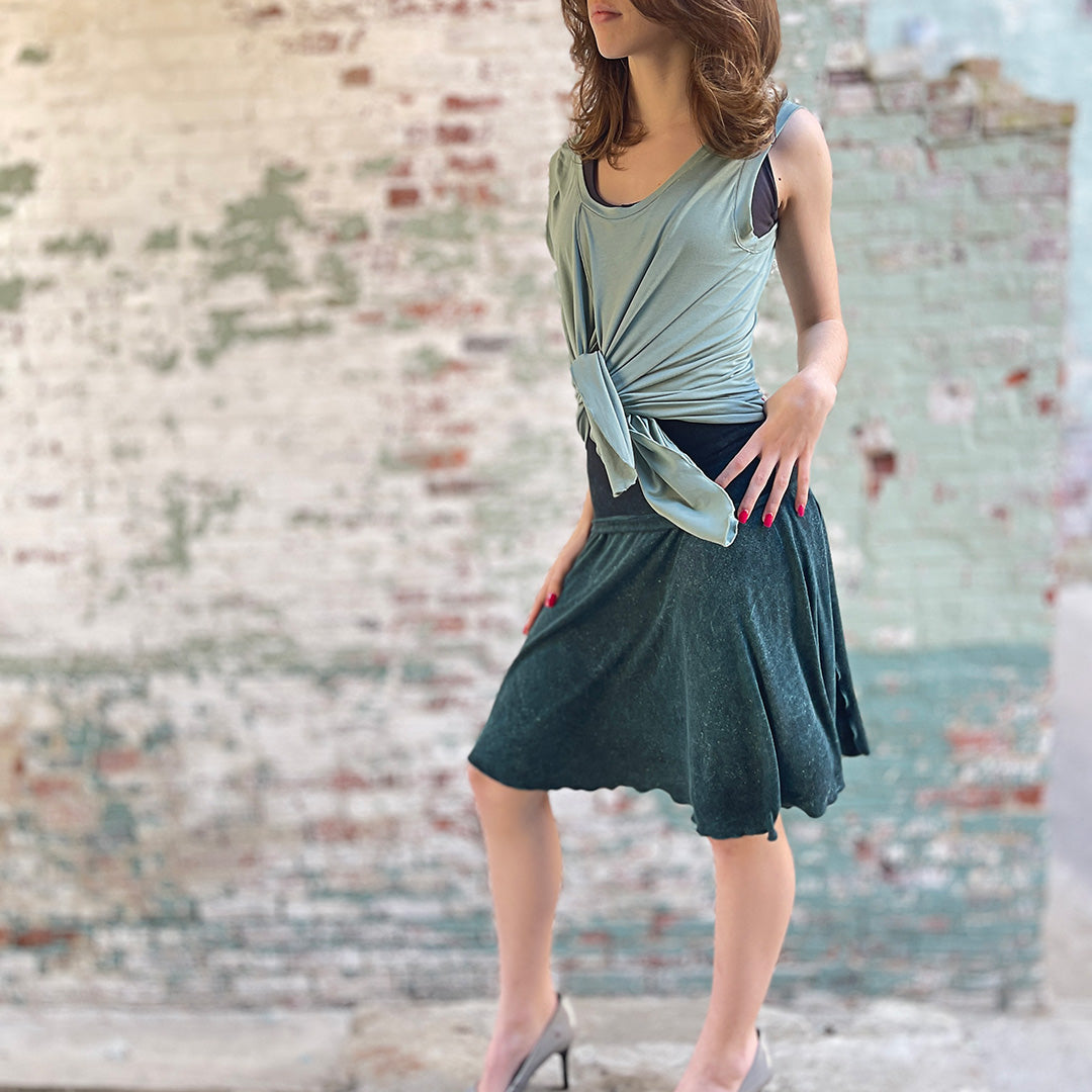 suger tulip tissue tank in glass worn tied in the front with blue mineral flirt worn as a skirt