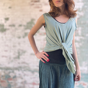 suger tulip tissue tank in glass worn tied in the front with blue mineral flirt worn as a skirt