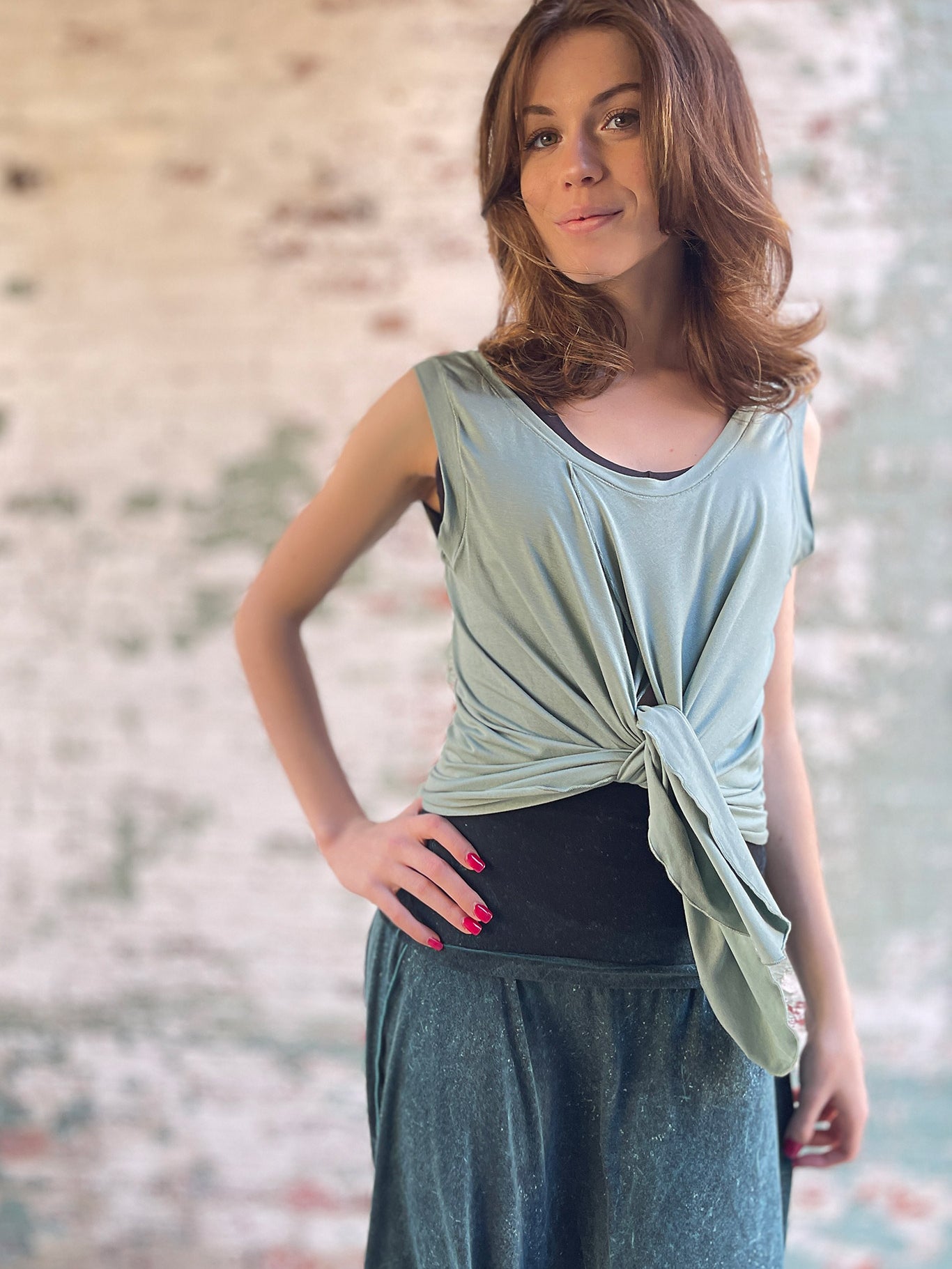 suger tulip tissue tank in glass worn tied in the front with blue mineral flirt worn as a skirt