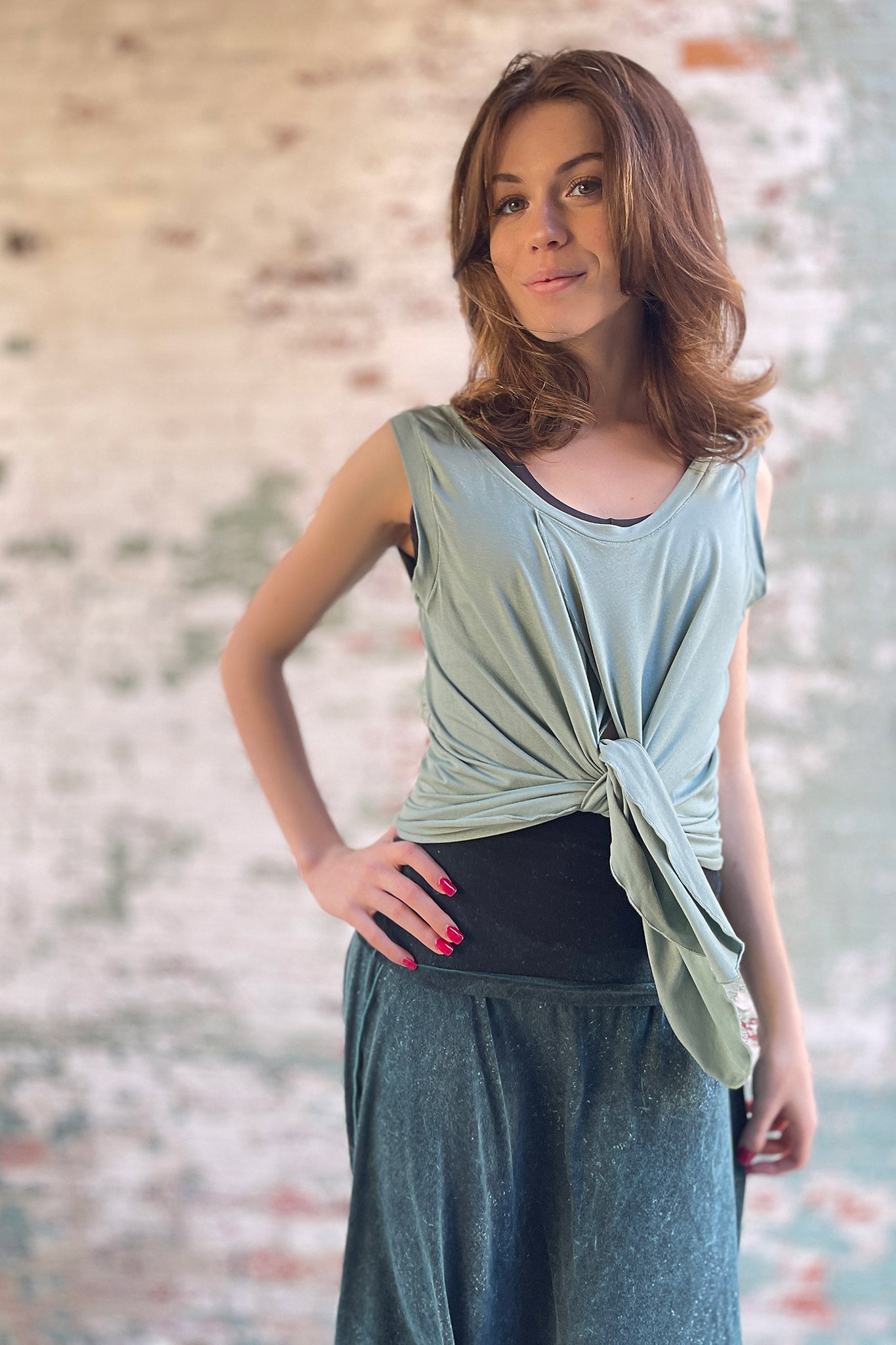 suger tulip tissue tank in glass worn tied in the front with blue mineral flirt worn as a skirt