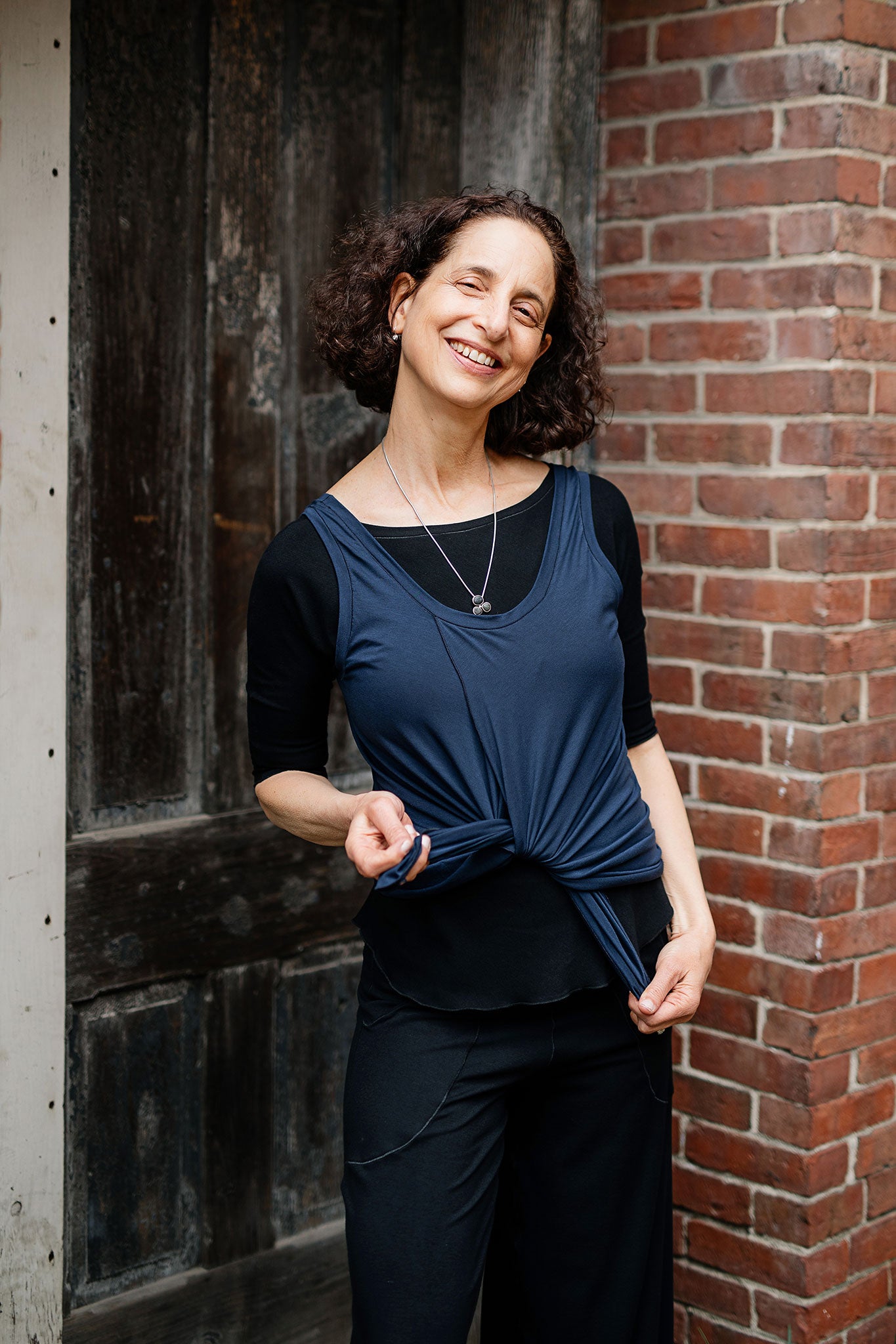 tulip tissue tank in navy styled with black rose top