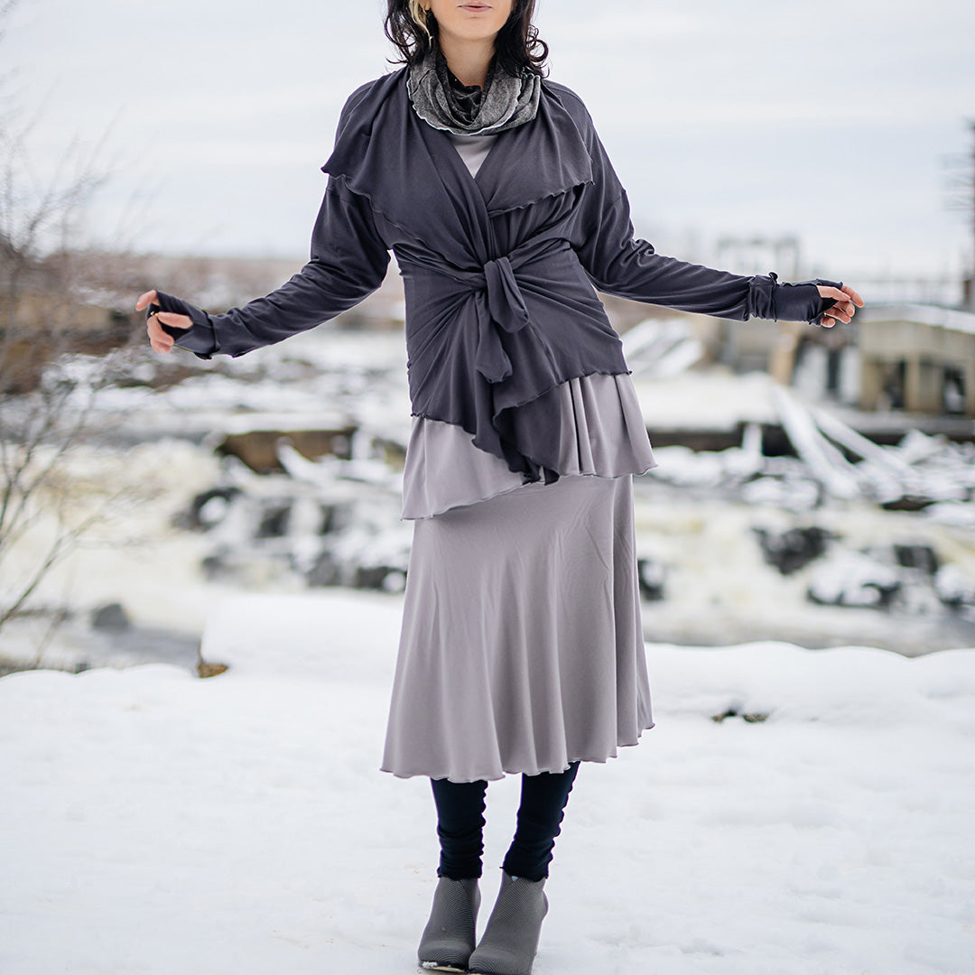 river jacket in carbon with lady flirt as a skirt in moon