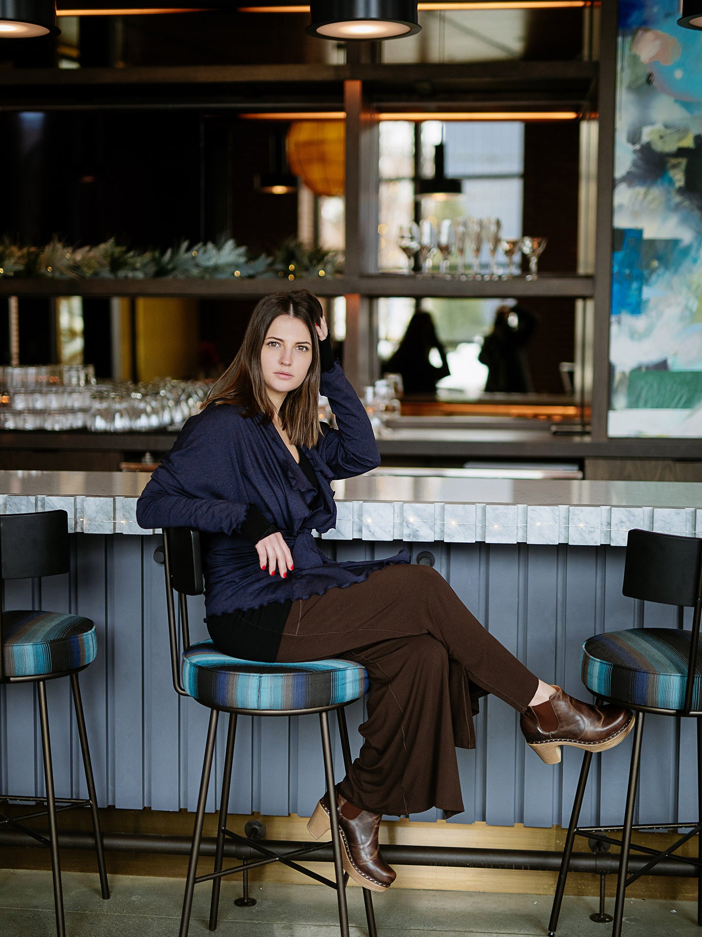 harlow elegant convertible wide leg pant in peat with midnight river jacket