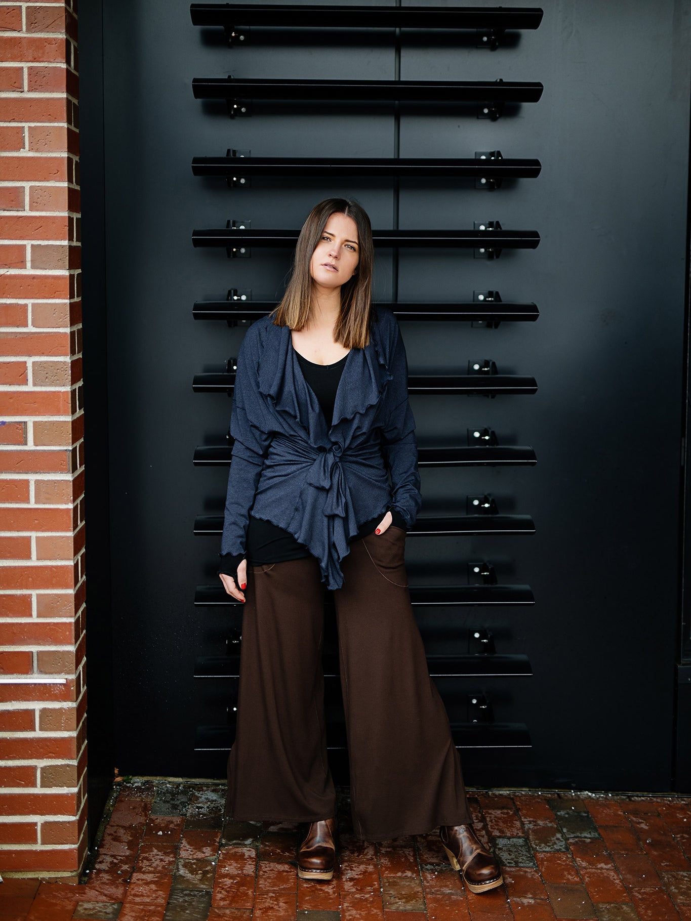 river jacket in midnight with vital top in black and harlow pant in espresso