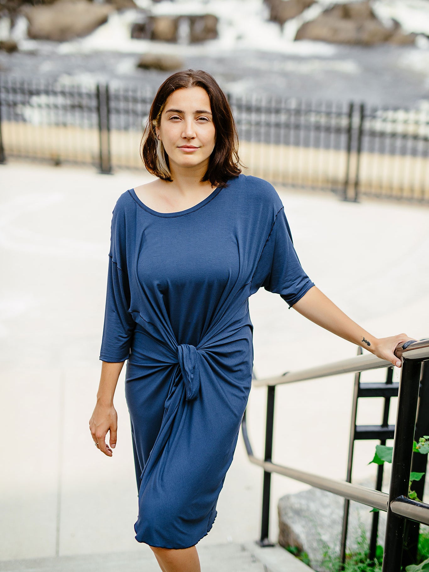 tide dress in navy cinched in front 