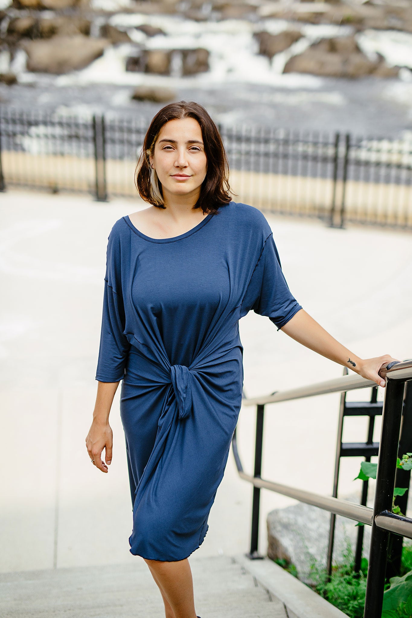 tide dress in navy cinched in front 