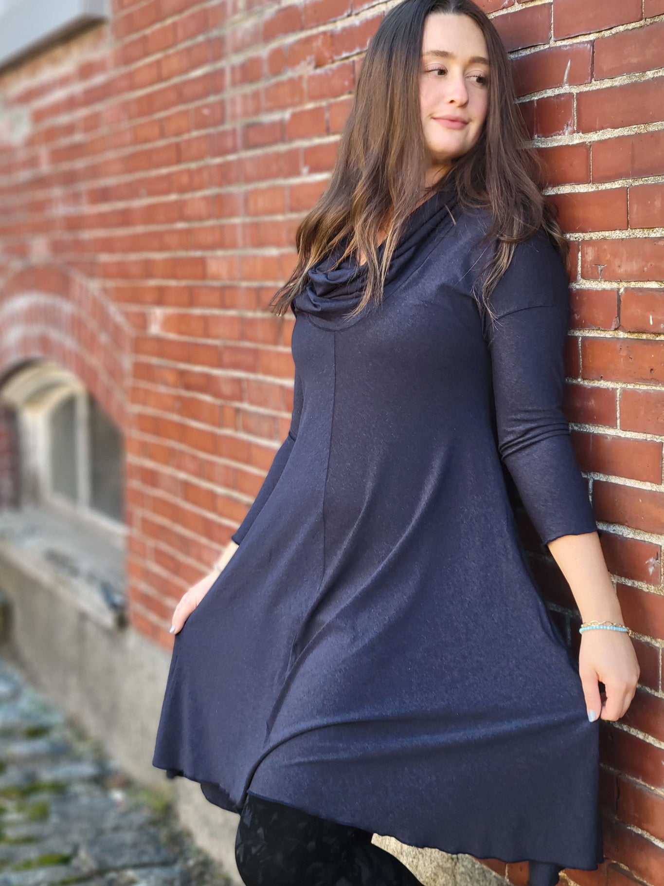 gale cowl neck tunic dress in midnight
