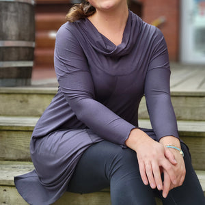 suger® gale cowl neck tunic dress in tissue carbon