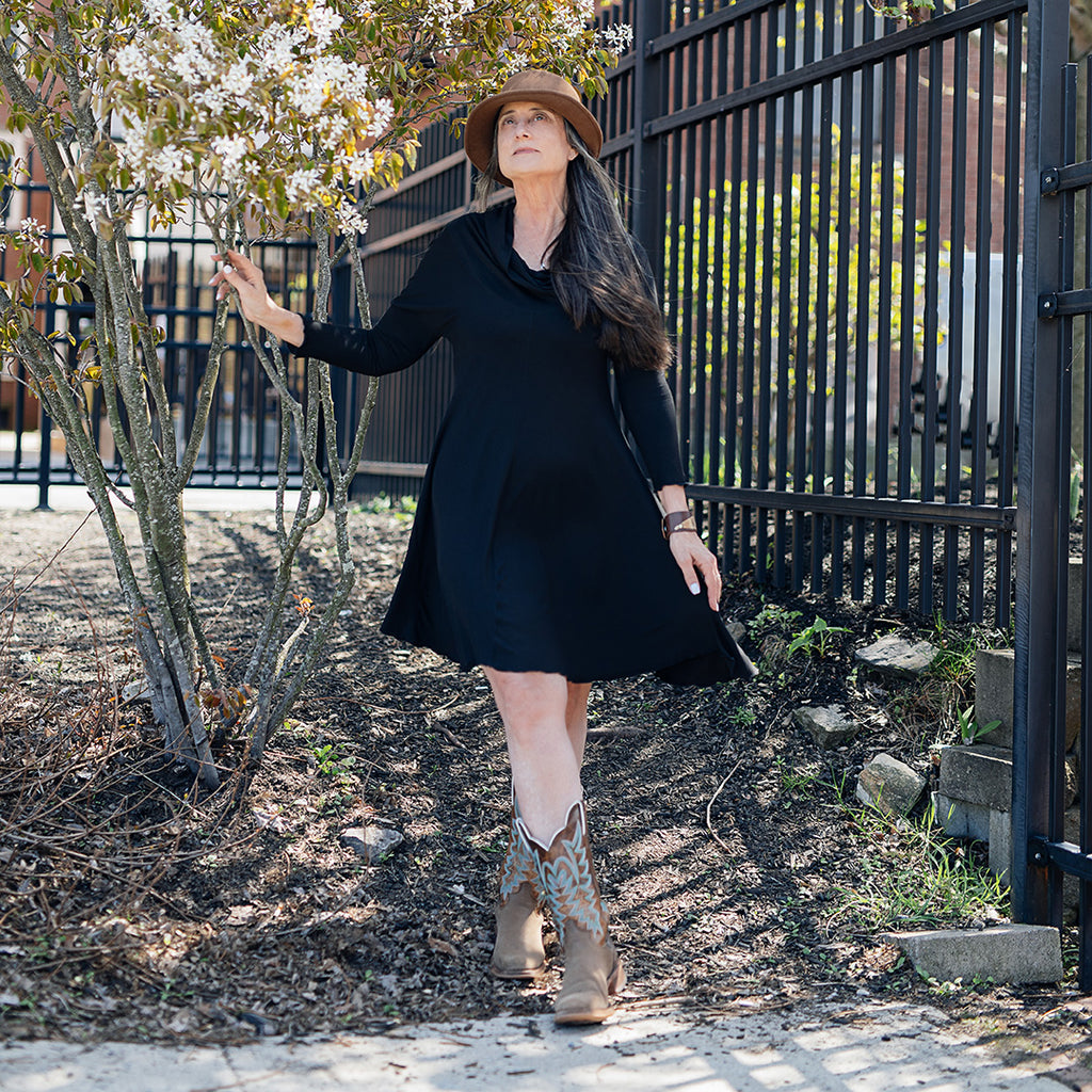 gale cowl neck tunic dress in black 