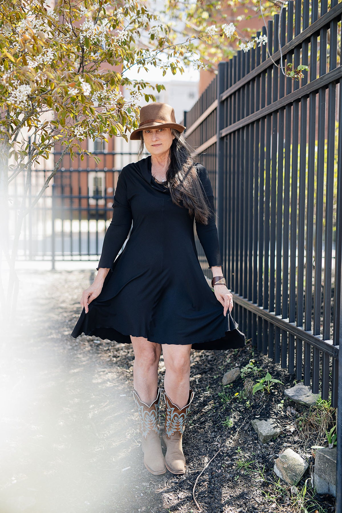suger® gale cowl neck tunic dress in black 